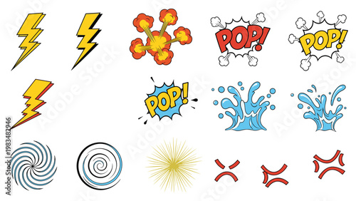 Set of colorful comic book style action symbols including lightning bolts, water splashes, and pop speech bubbles for graphic design.