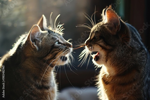 Two brown tabby cats are hissing at each other, showing teeth in a backlight setting