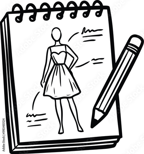 Hand drawn doodle style fashion designer sketchbook with a dress drawing and pencil vector illustration representing clothing tailoring, apparel sewing, and creative styling.