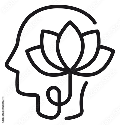 Minimalist black line art illustration of a human head silhouette with a blooming lotus flower, symbolizing mental health, mindfulness, meditation, spiritual enlightenment, and inner peace vector.