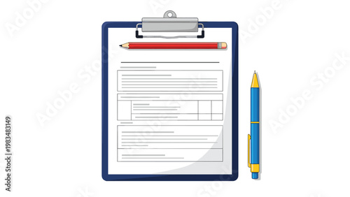 Professional clipboard with a detailed business form accompanied by a red pencil and a blue pen for office documentation concepts.