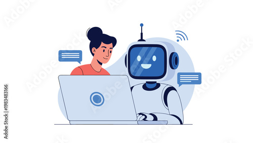 Concept illustration of a woman and a cute robot working together on a laptop computer with digital communication speech bubbles.