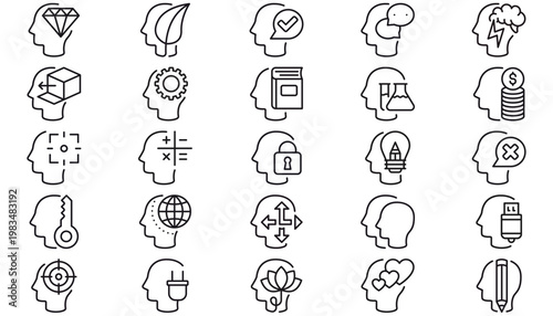 25 Minimalist Black Line Art Human Head Profile Vector Icon Set. Symbols for Psychology, Mental Health, Education, Business, Technology, Creativity, Brainstorming, and Artificial Intelligence Bundle.