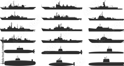 Black and white line of various types of boats and ships on water sailboats yachts tugboats