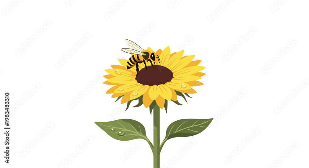 Fototapeta premium A diligent honeybee perches on the dark brown center of a vibrant yellow sunflower featuring green leaves and glistening water droplets on white space.