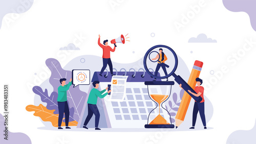 Creative team working around a giant desk calendar with an hourglass and pencil to manage projects and meet important deadlines.