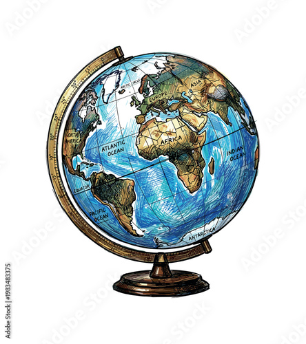 Globe with tilted axis and detailed continent shapes forming classic geographic study object in expressive vibrant multicolor pen