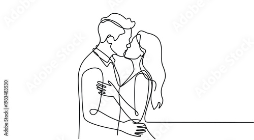 continuous line drawing of a couple kissing, minimalist abstract line art on white background depicting love, passion and relationship concept.