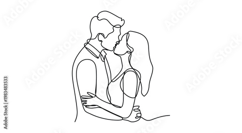 continuous line drawing of a couple kissing, minimalist abstract line art on white background depicting love, passion and relationship concept.