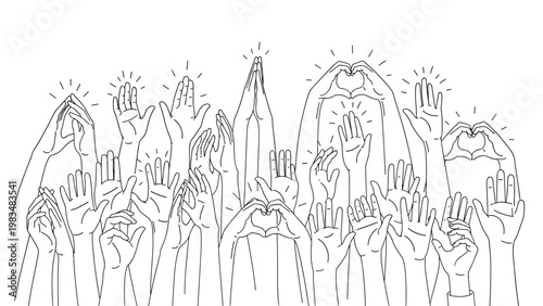 Many hands raised in the air showing various positive gestures like hearts and praise symbols in a clean line art style illustration.