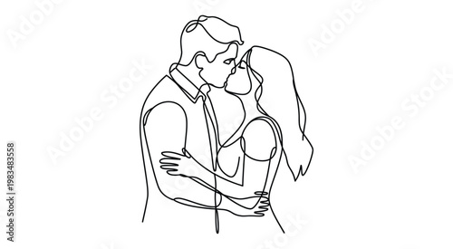 continuous line drawing of a couple kissing, minimalist abstract line art on white background depicting love, passion and relationship concept.