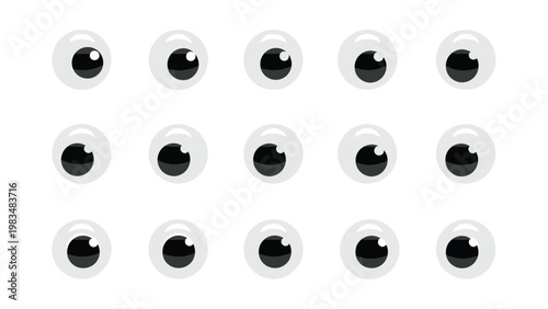 Funny collection of cartoon googly eyes with black pupils looking in different directions arranged in a neat grid on white.