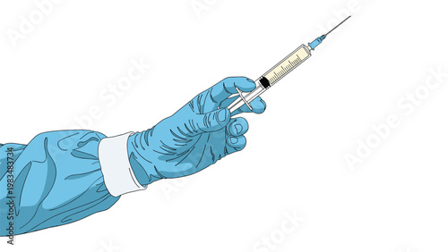 Close up of a medical professional wearing blue gloves and surgical scrubs holding a syringe filled with medication for injection.