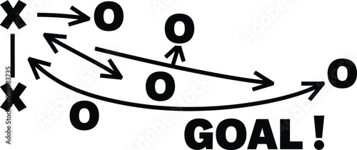 Sports strategy tactic board with black arrows and icons showing game plan movement to achieve a winning goal success,