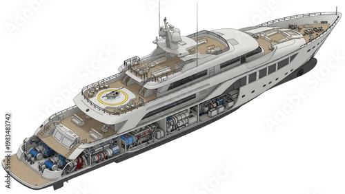 Detailed Modern Motor Yacht CAD Schematic – Deck and Engine Layout Blueprint Style Technical Drawing on White Background
