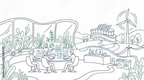 Eco innovation workspace scene in strict curved minimal line logic,  complexity ladder test, low-medium - eco, innovation, workspace, scene, strict, curved, line, logic