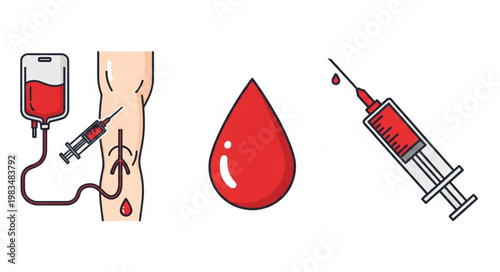Medical blood donation and transfusion illustration icons.