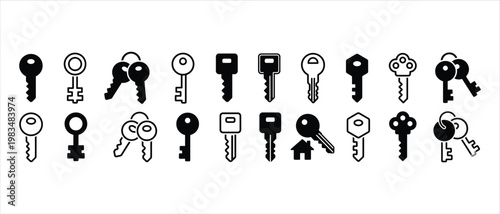 Minimalist door key icon set, 20 black and white vector elements, modern house security and locksmith symbols for web design and property apps