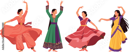 Indian classical dance women set isolated on white background, traditional female dancers in colorful ethnic costumes performing cultural vector illustration