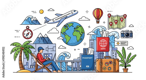 Colorful hand-drawn travel and vacation icons with globe and airplane.