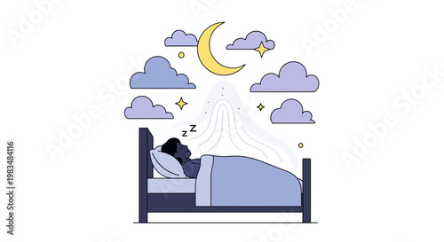 Vector illustration of a person sleeping soundly in a bed under a crescent moon and dreamy clouds against a clean white background, conveying a peaceful and serene mood with cool blue