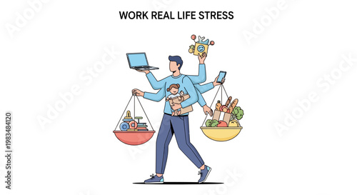 A multitasking man with multiple arms balances work, life, and stress, holding a laptop, phone, child, and groceries in a flat vector illustration with a clean white background