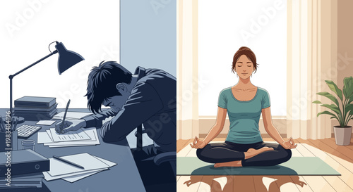 Split-screen showcases a stark contrast, with a stressed individual slumped over paperwork at a cluttered desk under harsh lighting, versus a serene woman meditating in a bright, airy room