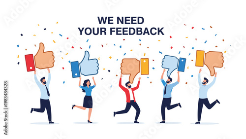 Group of diverse business people holding large like and dislike icons to express feedback and customer satisfaction with confetti celebration.