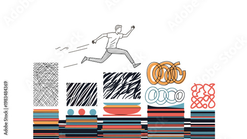 Determined businessman jumping over rising colorful abstract bar charts representing professional growth, success, and overcoming corporate hurdles.