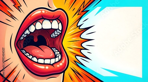 Pop art comic style illustration of a female mouth with red lips shouting loudly next to a blank speech bubble against an explosive background with copy space for announcements.