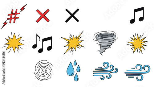 Comic book action icons including musical notes, tornado, lightning strikes, and swirling wind effects for dynamic storytelling and graphic design.