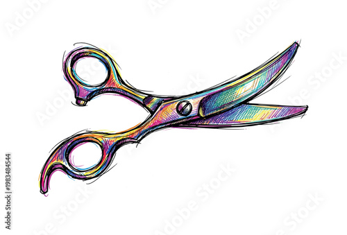 Pet grooming scissors with curved blades and finger loops forming precision cutting tool for fur styling in expressive vibrant
