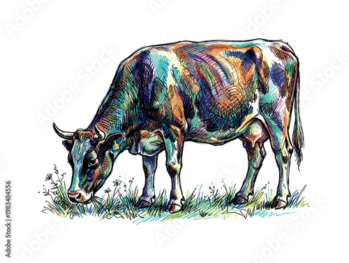 Standing grazing cow with lowered head and relaxed posture highlighting body volume and gentle contours in full body composition,