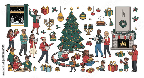 Diverse Family Christmas Celebration with Tree, Gifts, Fireplace, and Carols