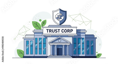 Illustration of a secure financial institution building with trust and protection concepts.