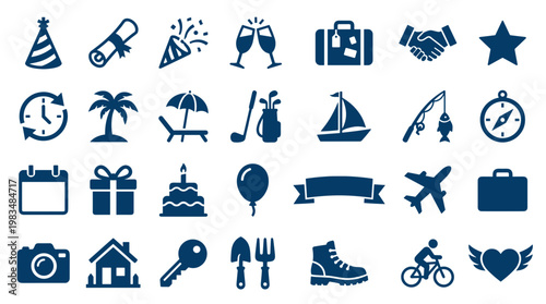 Collection of blue icons representing travel celebration business sports and lifestyle activities isolated on white background