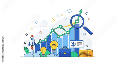 Conceptual illustration of business growth and financial success with charts and light bulbs.