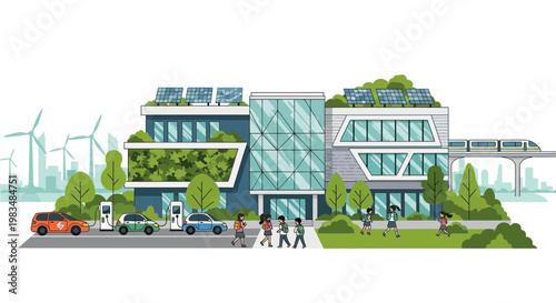 Sustainable city buildings with solar panels, wind turbines, electric cars, and green spaces.