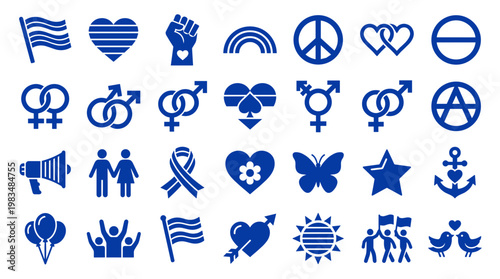 Collection of diverse symbols and icons representing social causes, human rights, and community support in vibrant blue