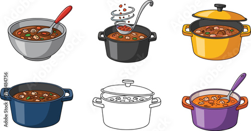 Cooking Soup Pot Collection with Different Saucepans Ladle Serving Hot Stew and Soup Preparation Kitchen Utensil Vector Illustration Set