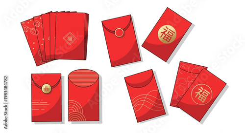 Chinese red envelopes with lucky fortune symbols, festive celebration