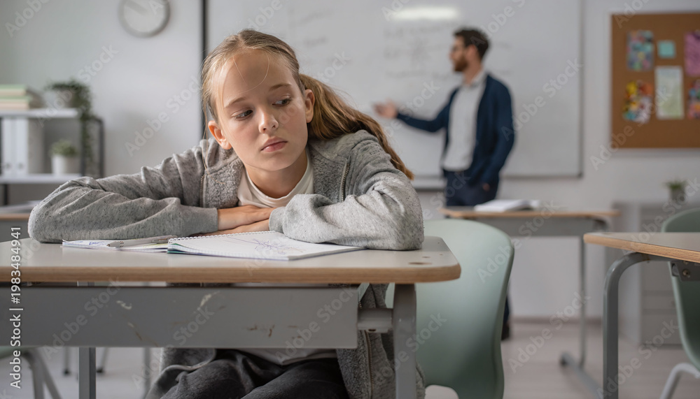 Obraz premium A sad young girl looks away from her desk in a modern classroom, highlighting themes of boredom or learning difficulties. Ideal for content on education, psychology, and student wellbeing.
