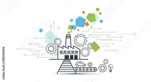 Modern factory production line with gears, car assembly, and digital data flow