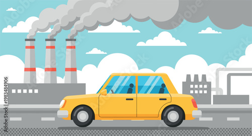 Air pollution concept with car emitting exhaust and factory smokestacks environmental problem industrial smog city illustration