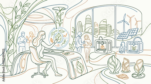 Eco innovation workspace scene in strict curved minimal line logic,  complexity ladder test, medium - eco, innovation, workspace, scene, strict, curved, line, logic