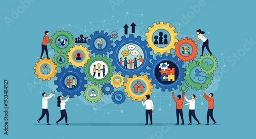 Teamwork and collaboration concept with people working together to connect gears and build a network.