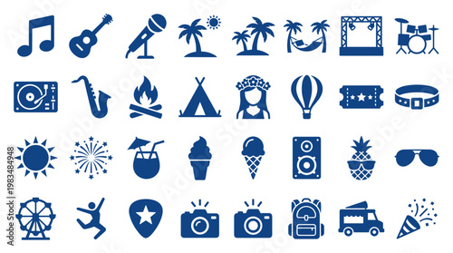 Collection of summer festival icons representing music entertainment travel food and outdoor activities in a vibrant blue color palette