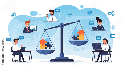 Business professionals collaborating and solving problems with puzzle pieces on a balanced scale.