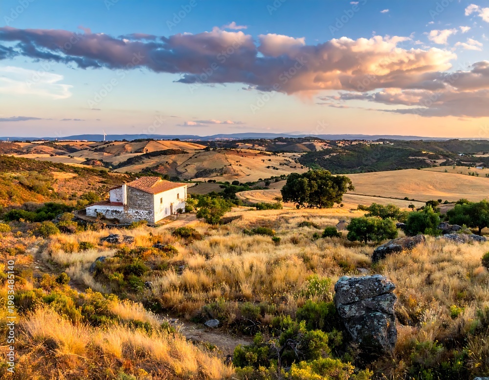 Fototapeta premium A sun-kissed, picturesque landscape with a rustic building nestled amidst rolling hills and a vibrant, colorful sky
