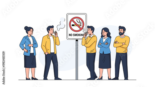 Conceptual illustration of people standing near a no smoking sign with some ignoring the rules and others looking disapproving or confused.